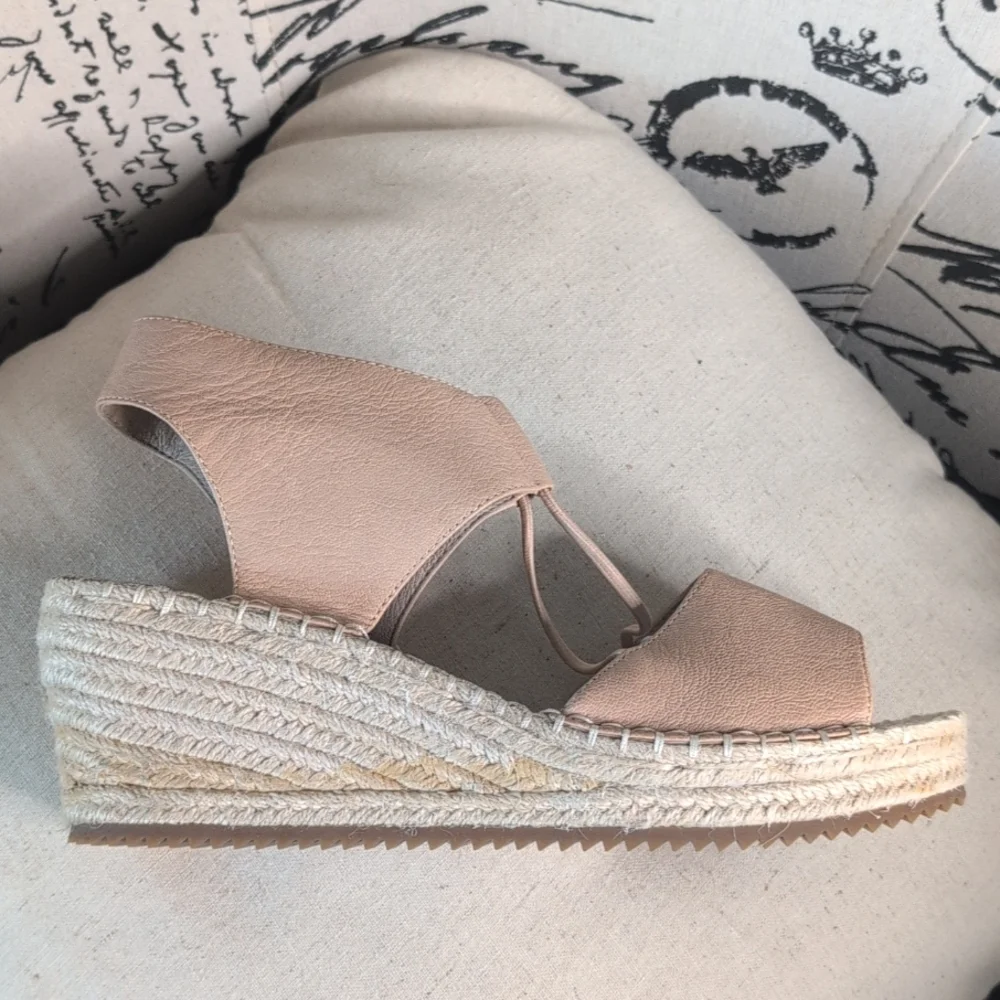 Eileen Fisher Agnes Espadrille Wedge Sandals Beige Leather Open Toe 9.5